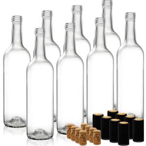 DEAYOU 8 Pack 750ml Bordeaux Wine Bottles, Glass Clear Bottles with 8 Corks and PVC Shrink Capsules, Flat-Bottomed Empty Bottles for Liquor, Cham