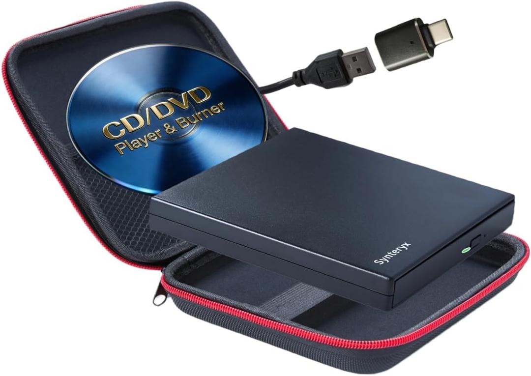 External CD DVD Drive USB and Type-C, Portable Slim CD/DVD +/-RW Burner Reader Writer Player for Laptop Desktop PC Mac Windows Linux OS Apple (Matte Black (with Protective Case))