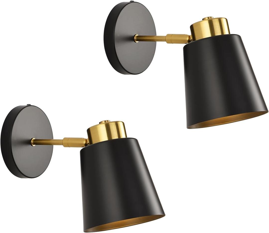 Rotatable Angle Black Wall Sconce Set of Two,Metal Vintage Dimmable Wall Sconces,Industrial Wall Lights for Bedroom Bedside Doorway (2 Pack, 2 Pack Black+Glod)