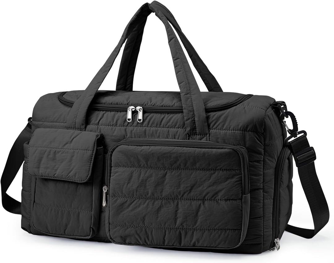 Gym Bag for Women, Cute Travel Duffel Bag with Shoe Compartment & Wet Pocket, Lightweight Puffer Weekender Overnight Bag, Travel Carry On for Sport, Hospital, Yoga (Black)