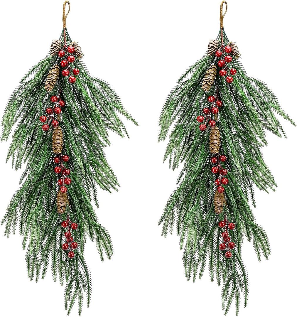 2 Pcs Artificial Christmas Teardrop Swag with Berries and Pinecones, Faux Berry Pine Branch Teardrop Door Swag, Real Touch Norfolk Wreath Greenery Staircase Swags for Xmas Door Mantle Fireplace Decor