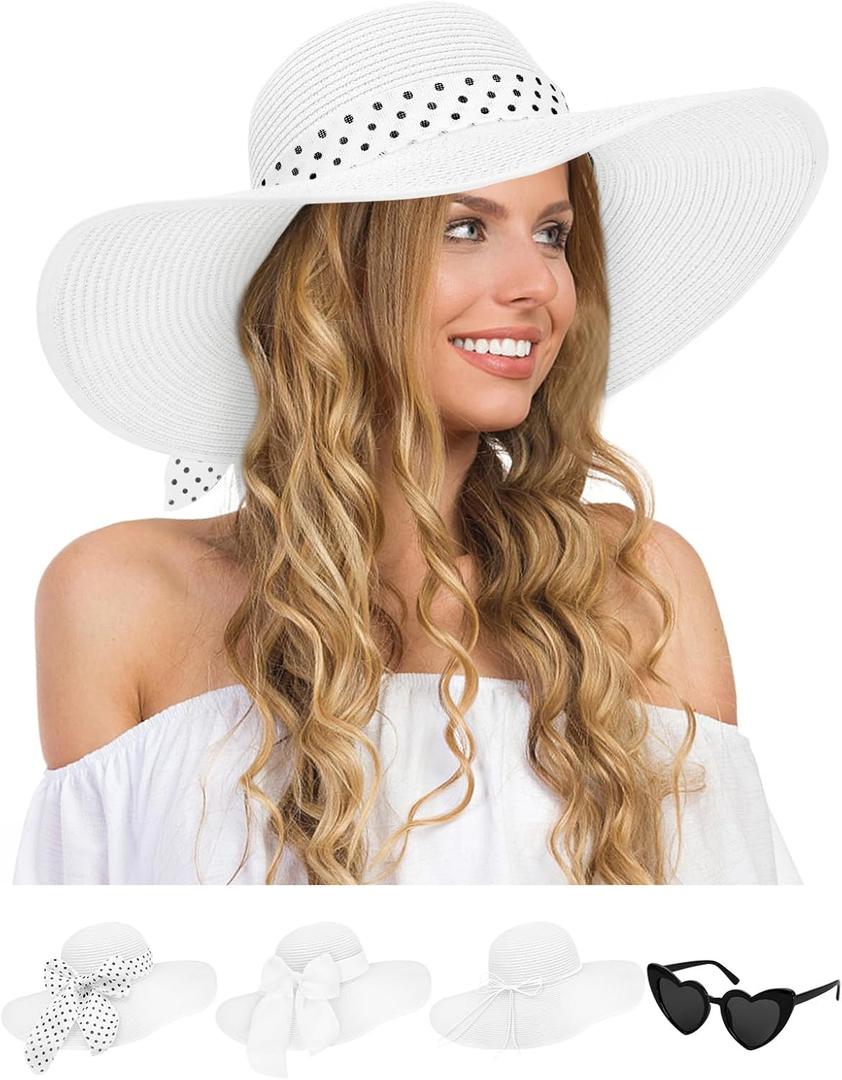 Senker Fashion Sun Hats for Women, Wide Brim Floppy Beach Straw Hat for Summer Travel Vacation Foldable with Sunglasses