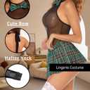 Avidlove Schoolgirl Lingerie for Women Sexy Costume Outfit Roleplay Cosplay Lingerie Set Snap Crotch Bodysuit and Mini Skirt (Green, XXXL)