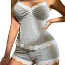 SOLY HUX Women's Lace Pajama Set V Neck Cami Tops and Shorts Sleepwear Loungewear (Gray, S)