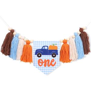 Pumpkin 1st Birthday High Chair Banner for Boys - Boy Blue Truck First Birthday Decorations, Our Little Pumpkin Is Turning One Highchair Banner, Fall 1st Bday Decor