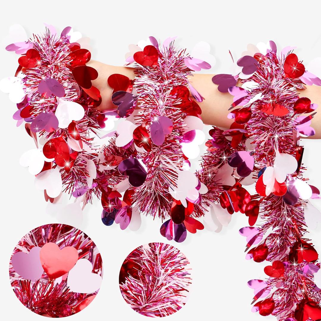 50FT Valentines Day Decor Red Pink White Heart Tinsel Garland Valentines Decorations Garland for Tree Party Classroom Fireplace Home, Galentines Day Decor Indoor Outdoor Romantic Party Decor