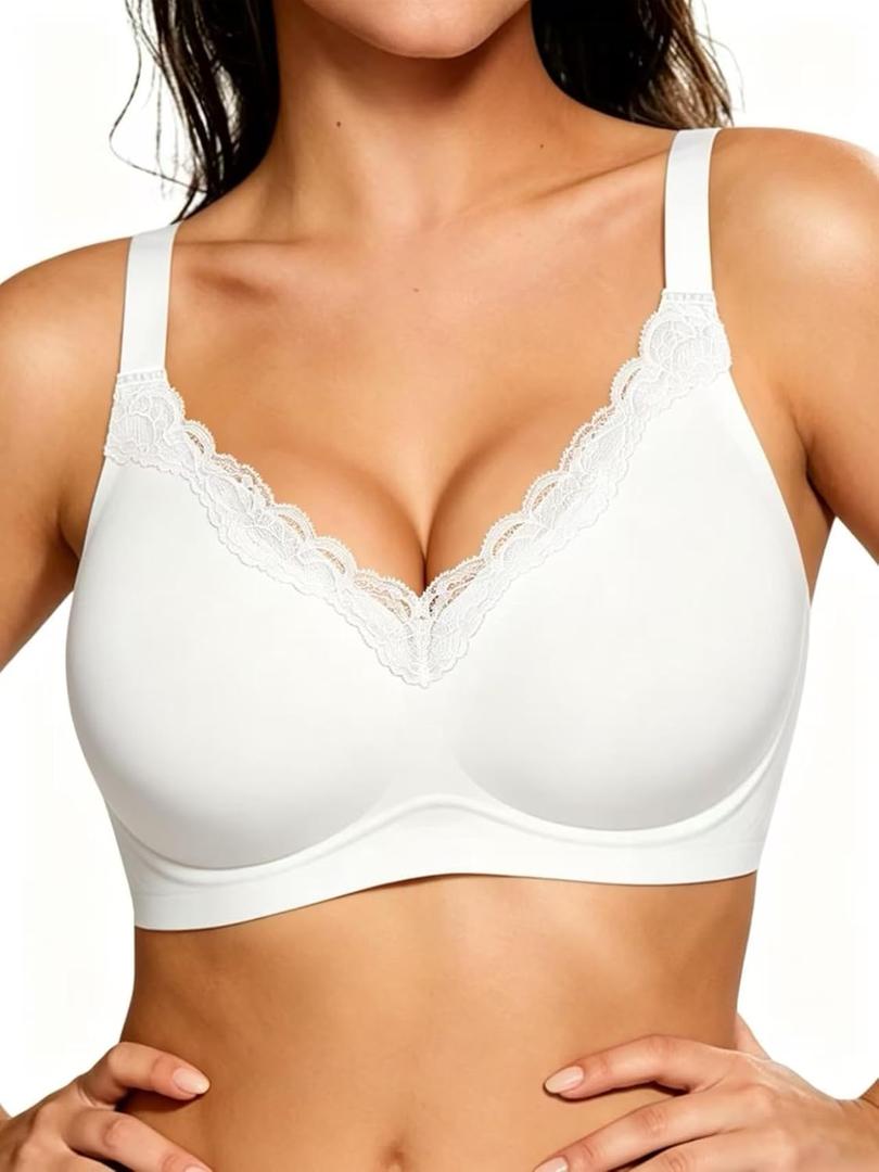 HORISUN Wireless No Underwire Bra for Women V-Neck Lace Trim Jelly Supportive Seamless Bra Comfortable Tshirt Bralette (White)