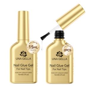 UNA GELLA 6 in 1 Gel Nail Glue for Clear Acrylic Nails Tips, 2Pcs 15ml Super Strong Brush UV Nail Glue Long Lasting Lamp Curing Required for Fake Nails Tips