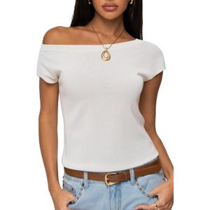 SUUKSESS Women Silk Cashmere Blend Off The Shoulder Tops Summer Lightweight Knit Trendy Sweaters Loose Fit Shirts (Small, 02 Snow White)