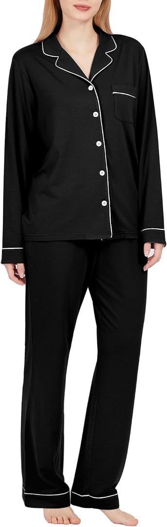 BAMBOO COOL Pajamas Set for Women Comfy Lounge Set Button Down Sleepwear Long Sleeve Pj Set (Black, XL)