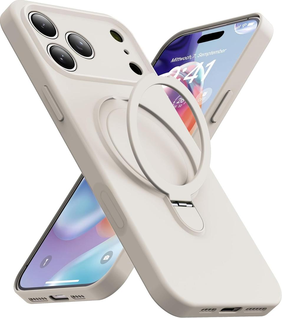 Magnetic Stand for iPhone 17 Pro Case, Liquid Silicone, [Compatible with MagSafe][Built-in Kickstand&Ring Holder] Anti-Scratch Soft Microfiber Lining, Stone