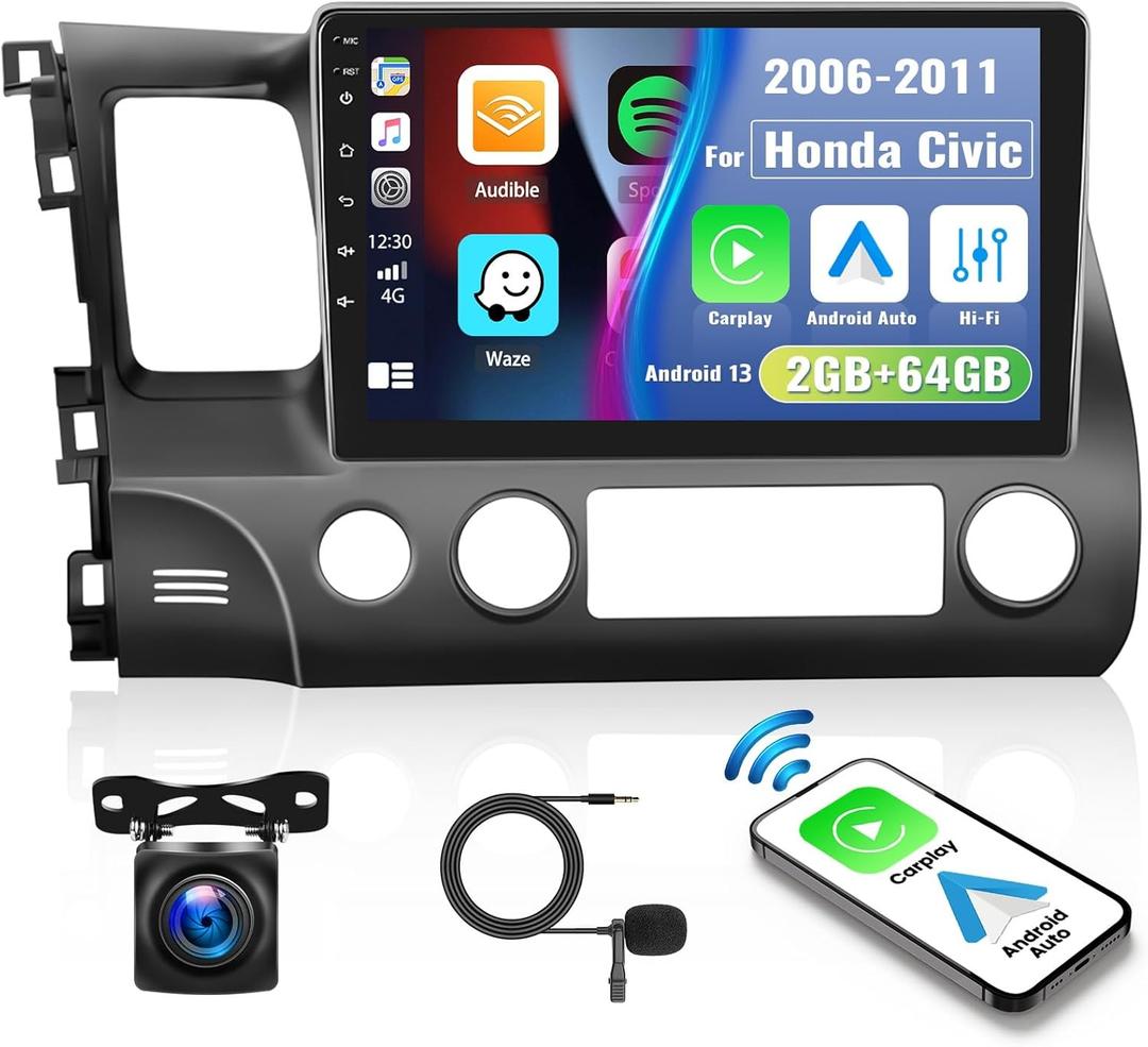 2+64G [Hi-Fi Audio] Android 13 Car Stereo for Honda Civic 2006-2011, 10.1" Touch Screen GPS Navigation, Wireless Apple Carplay Android Auto Bluetooth, FM, WiFi, USB+AHD Backup Camera Mic