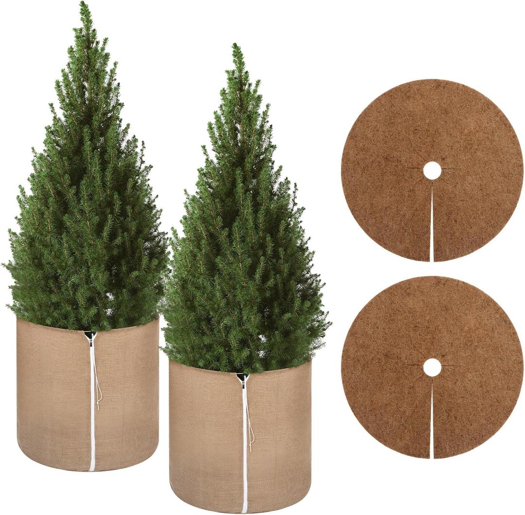 2 Pcs Burlap Plant Pot Cover Winter Plant Frost Freeze Protection with Coir Mat Drawstring and Zipper 27.6" x 25.6" Outdoor Flower Pot Shrub Protection Bag for Outdoor Potted Warm Fruit Tree