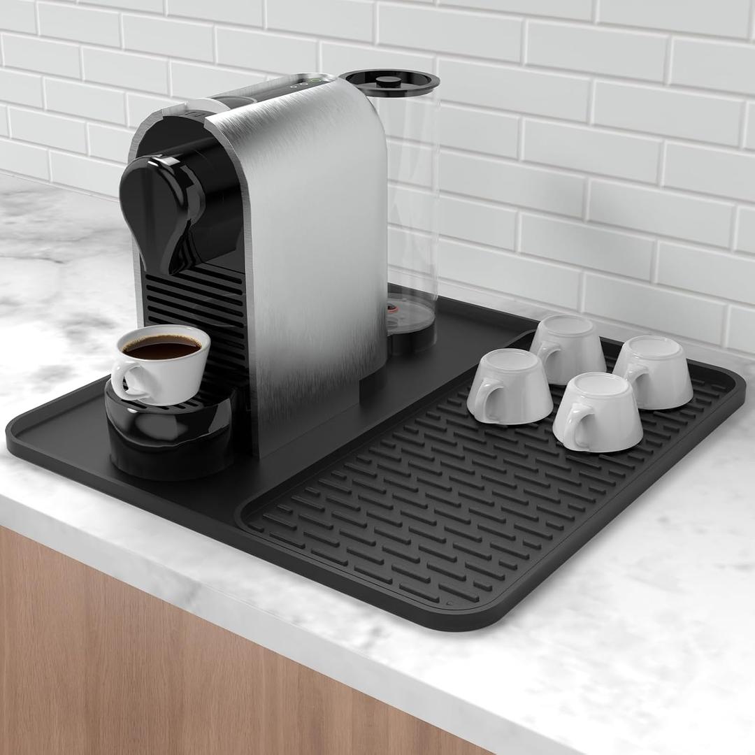 Silicone Coffee Mat,16''x16'' Coffee Bar Mat with Detachable Dish Drying Mat for Kitchen Countertops, Coffee Bar Accessories Fit Under Coffee Maker Coffee Machine Coffee Pot Espresso Machine Dish Rack (Black)