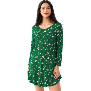 GYS Bamboo Viscose Nightgowns for Women, Soft Long Sleeve V Neck Night Shirts Sleepwear, Below the Knee Long Nightgown Pajama XL Crewneck/Xmas Green