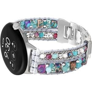 Boho Leather Bands Compatible with Google Pixel Watch 4 3 41mm/Pixel Watch 2/1 Band, Handmade Wrap Bracelet Dressy Beaded Strap Replacement for Google Smartwatch 2025/2024/2023/2022 (Sliver Stone)