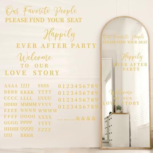 MotiMind 4 Pcs Wedding Mirror Welcome Sign Decal Seating Chart Stickers DIY Wedding Party Supplies Removable Vinyl Letter Decals for Bridal Shower Marriage Reception (Yellow)
