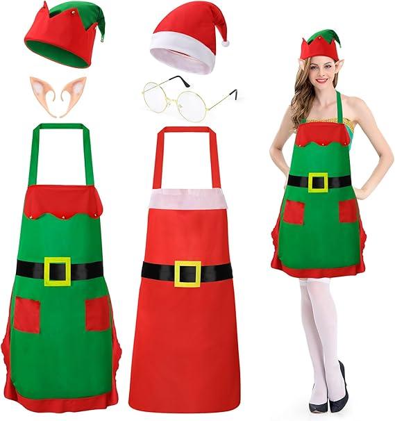 Christmas Elf Costume Christmas Apron Elf Apron Hat Ears Santa Glasses Women Men Xmas Party (Pair of 12 Hats and Aprons)