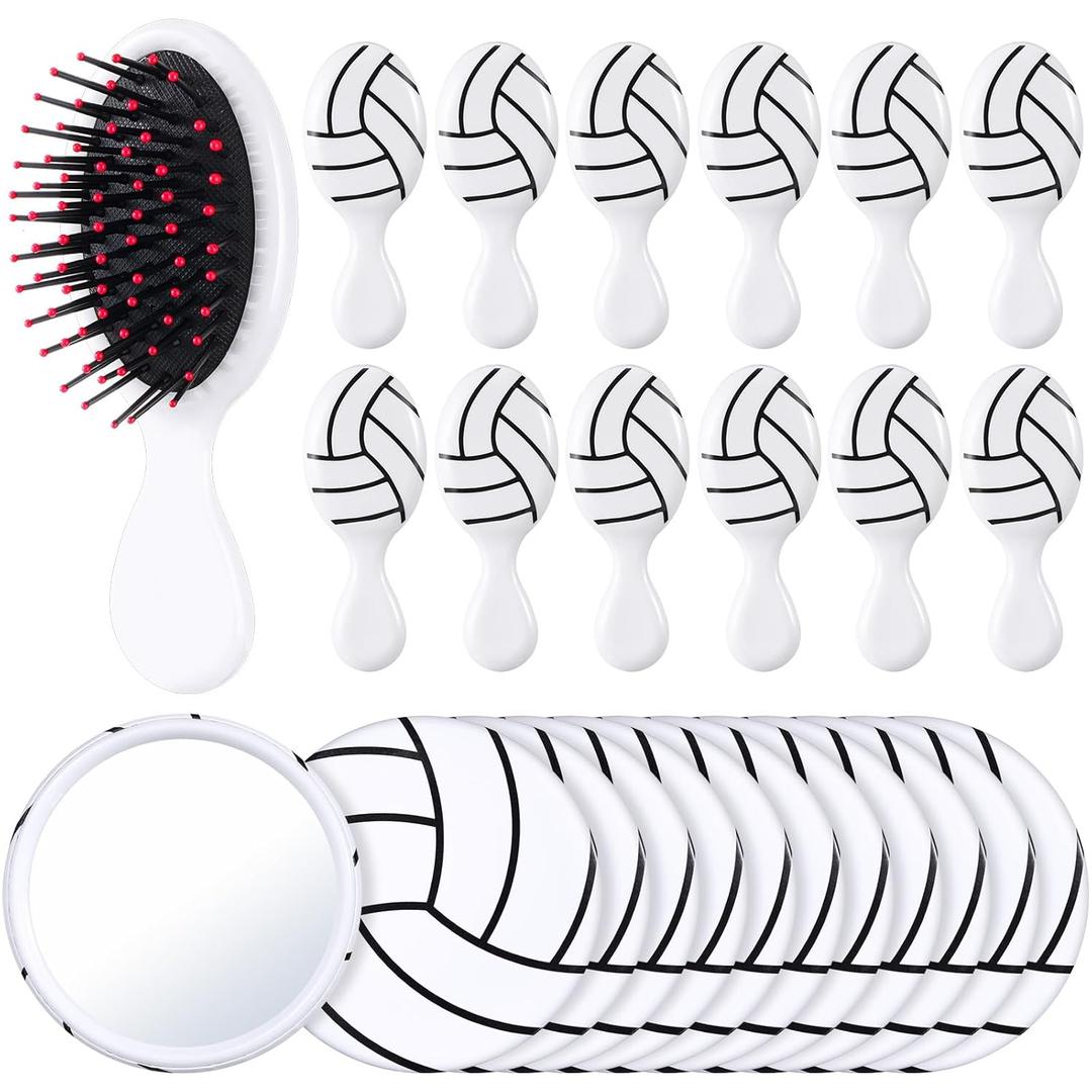 SiliFine 24 Pcs Volleyball Gifts for Team Bulk Include 12 Volleyball Air Cushion Hair Brush and 12 2.76 Inch Compact Mirror Round Makeup Mirror for Girl Player