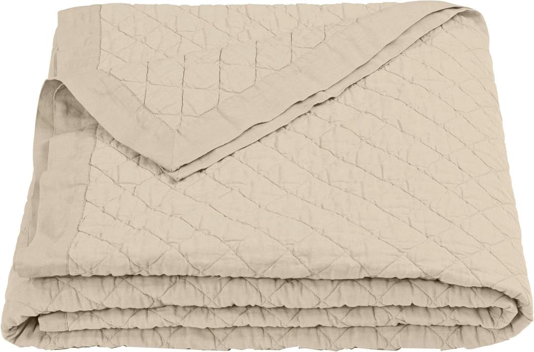 HiEnd Accents Linen Cotton Diamond Quilt, Queen Size, Light Tan Solid Color, Classic Traditional Rustic Style Luxury Bedding, Soft Lightweight Bed Cover