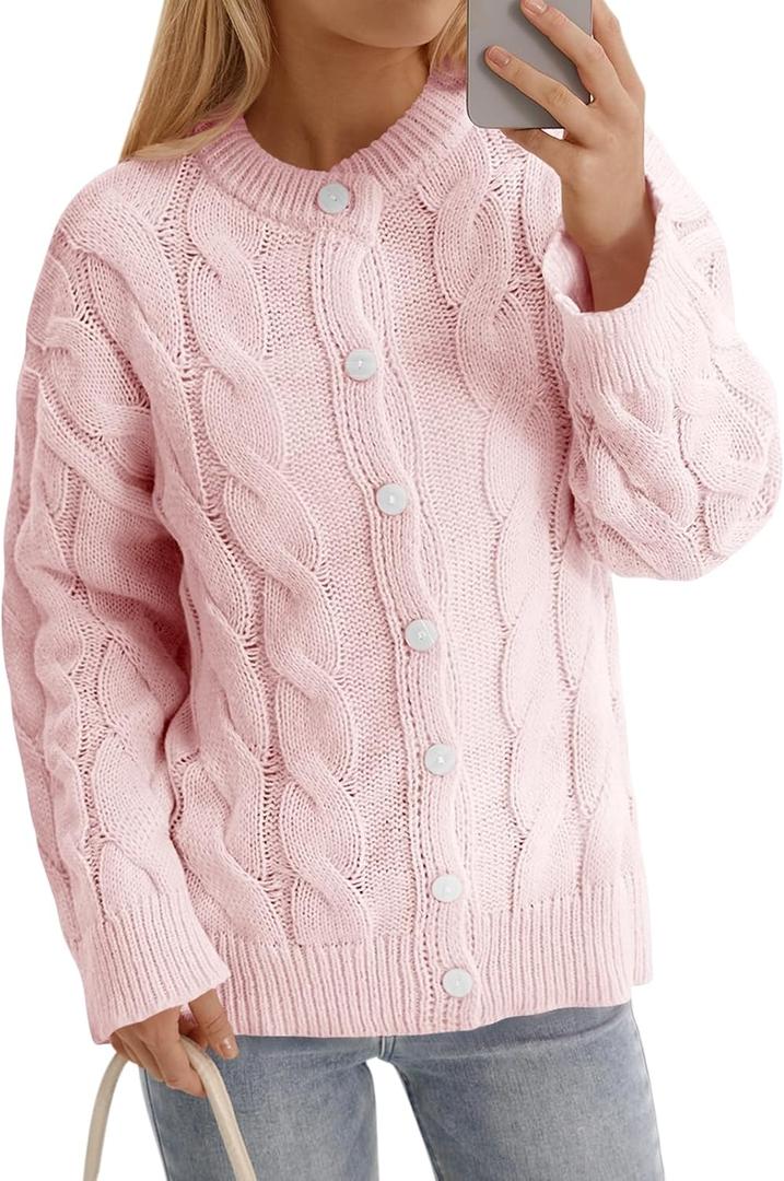 Saodimallsu Womens Cable Knit Cardigan Sweaters Long Sleeve Button Down Crewneck Casual Loose Fall Sweater Coats, Small