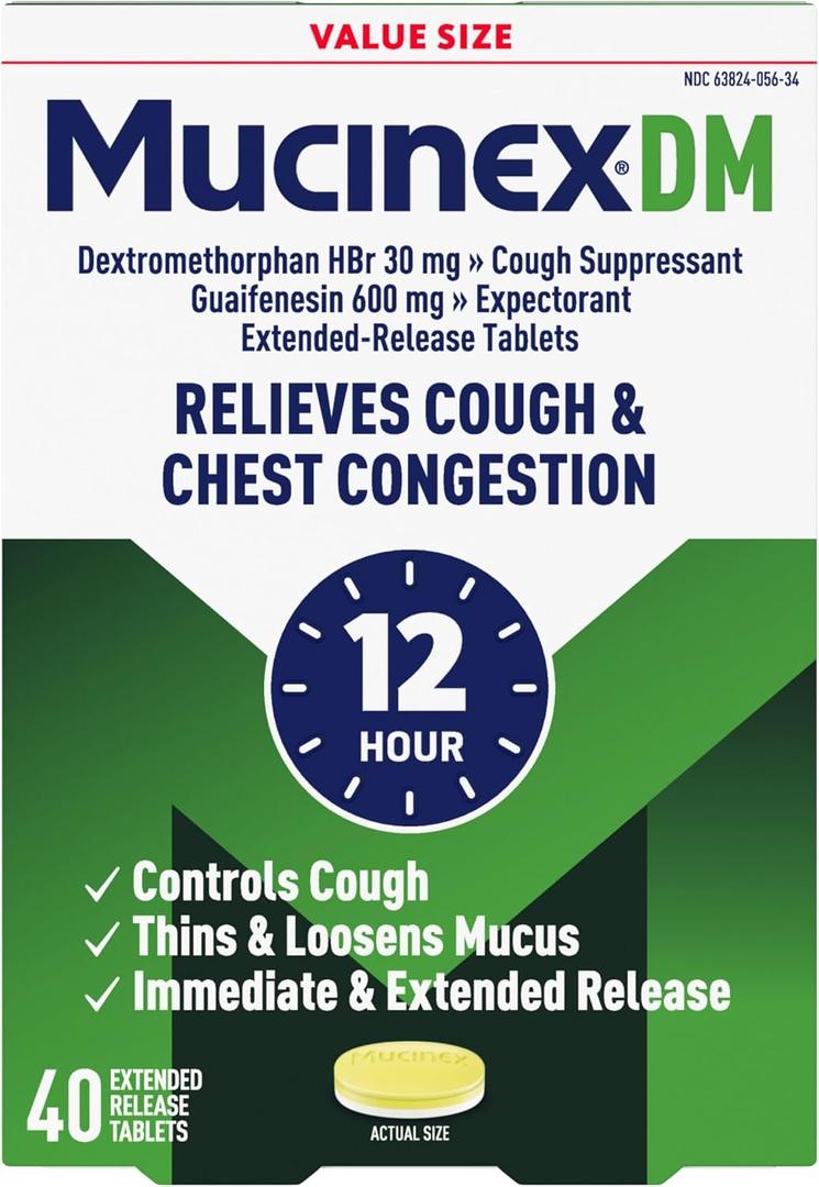 Mucinex DM 12Hr Chest Congestion & Cough Medicine For Adults, Cold And Cough Medicine for Excess Mucus Relief, 600 mg Guaifenesin & 30 mg Dextromethorphan HBr, 40 Bi-Layer Tablets