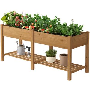 Wooden Raised Garden Bed, Planter Box with Legs, Garden Planter with Divider Bag for Backyard, Patio, Balcony, Planter Stand Box for Herbs and Vegetables (Brown-L)