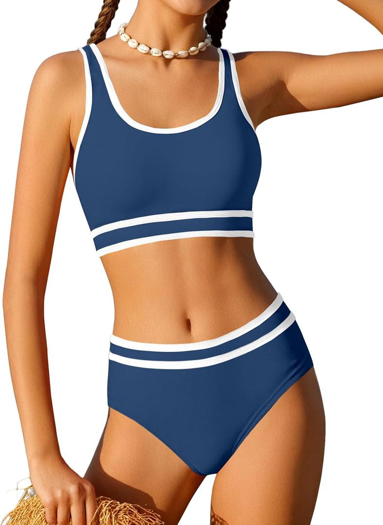 Girls Swimsuit Double Strap High Waist Sporty Bikini Swimsuits Swim Cover Up Skirt 3 Piece Set (Blue) 15-16Y