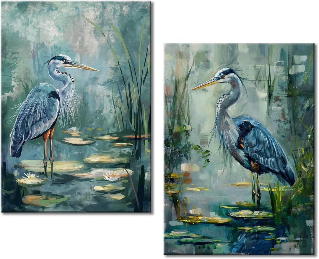 2 Panel Bird Wall Art Blue Heron Pictures Framed Bird Prints Artwork Heron in the Pond Natural Print Painting for Living Room Bedroom Office Wall Decor, 24"L x 16"W