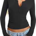 Womens Cotton Long Sleeve Shirts V Neck Henley Tops Slim Fit Basic Going Out Tshirts Fall Fashion Outfits 2025 (Medium, Black)