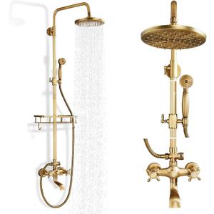 Antique Brass Shower Fixture Bathroom Shower Faucet Set 8 Inch Rainfall Shower Head Handled Shower Waterfall Tub Spout Wall Mounted Outdoor Shower System with Shower Shelf