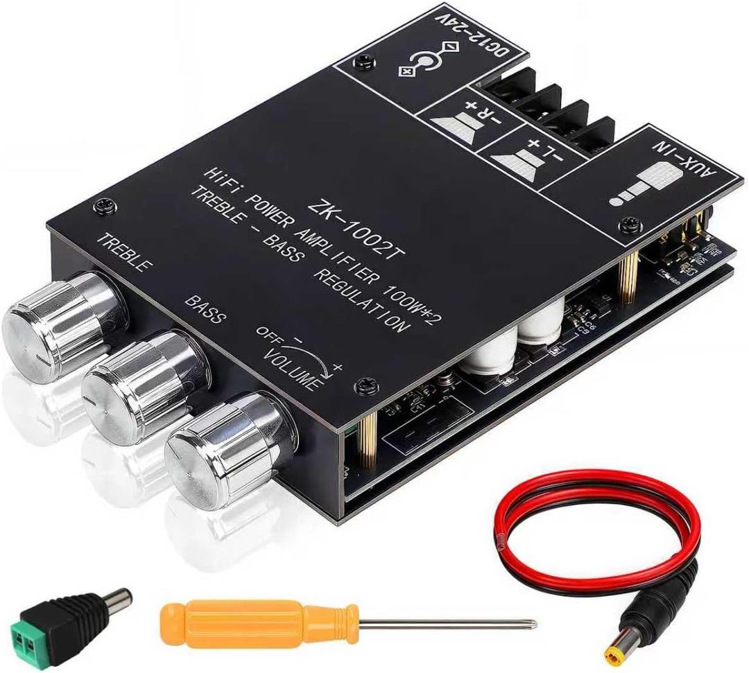 ZK-1002T Bluetooth 5.0 Stereo Amplifier Board, 200W HiFi 2.0 Channel Mini Audio Amp Module with Treble & Bass Control, AUX Input, DC 12V-24V for DIY Speakers,Home Audio