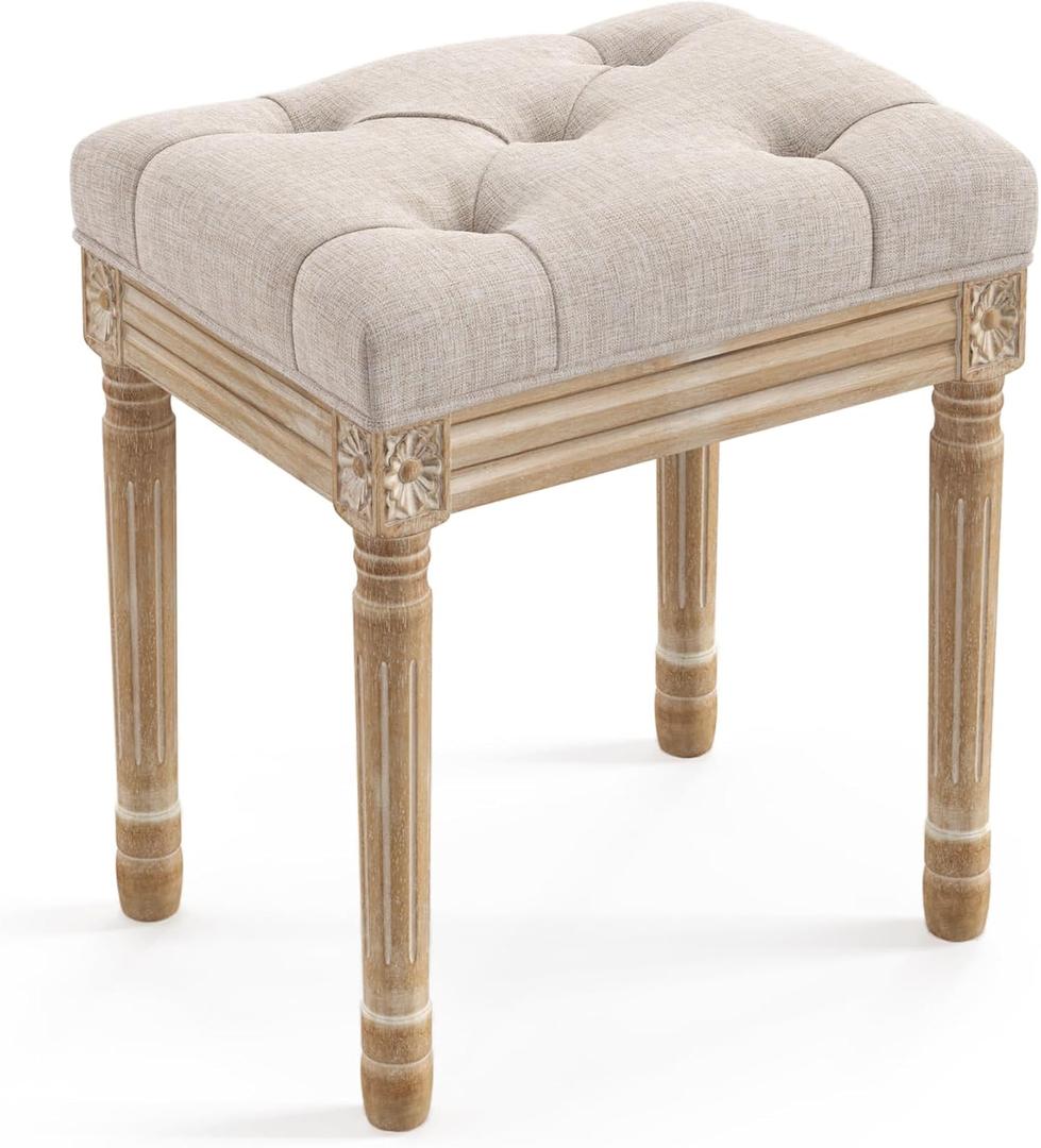 LUE BONA Upholstered Fabric Vanity Bench Seat, Makeup Stools for Vanity, Square Tufted Ottoman Bench with Carved Wood Color Legs for Bedroom Living Room, Linen Color