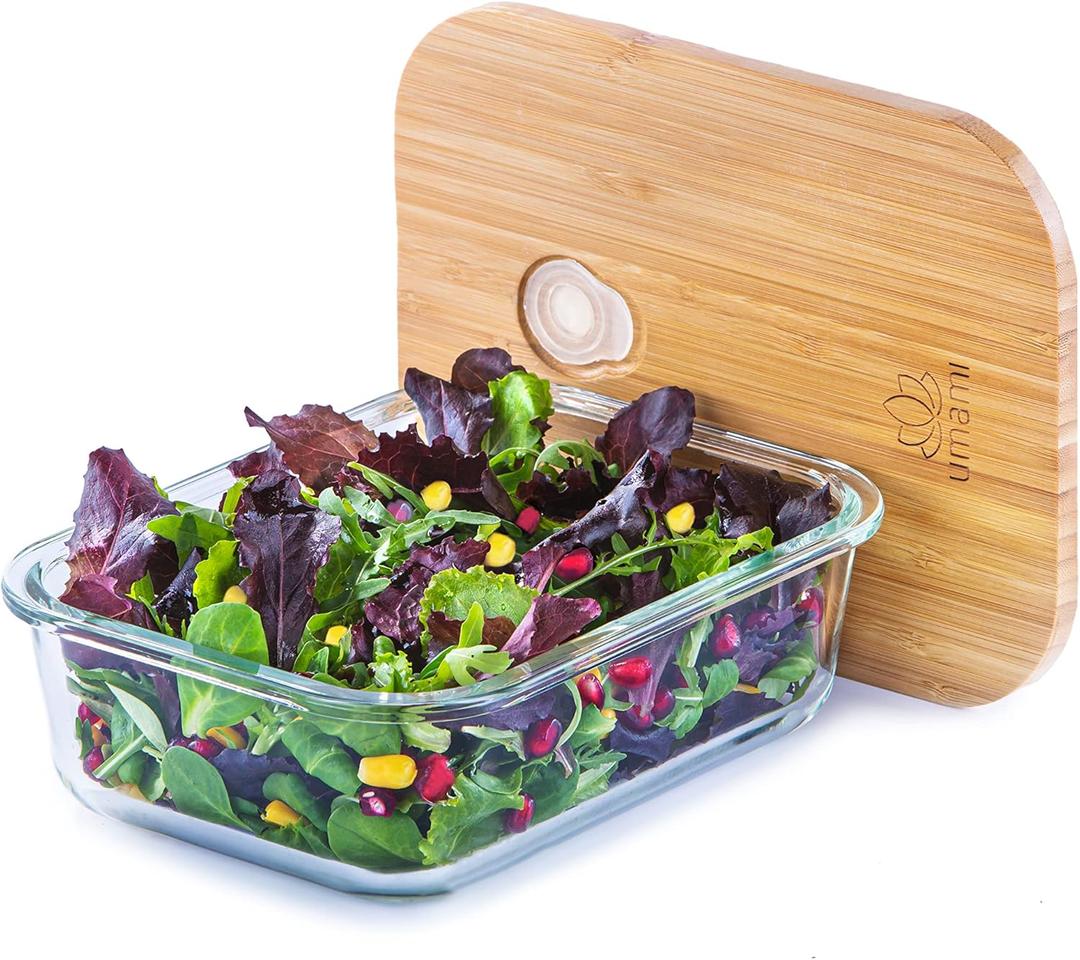 Umami Glass & Bamboo Meal Prep Container, Food Storage Container, Leakproof and Plastic Free, Stylish Microwave/Dishwasher Safe Small Bento Lunch Box For Men/Women (Glass 36 oz) (L - 1050 ml)