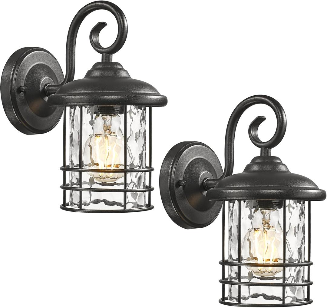 Emliviar 2 Pack Outdoor Wall Lighting Fixtures, 10" Exterior Carriage Lights with Water Ripple Glass, Die-Cast Aluminum in Black Finish, OS-1803CW1-WG