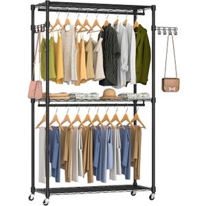 Heavy Duty Rolling Garment Rack, 3 Tiers Wire Shelves Adjustable Freestanding Portable Rolling Clothing Rack with Lockable Wheels, 44.9''L x 15.8''W x 78.8''H, Max Load 600LBS