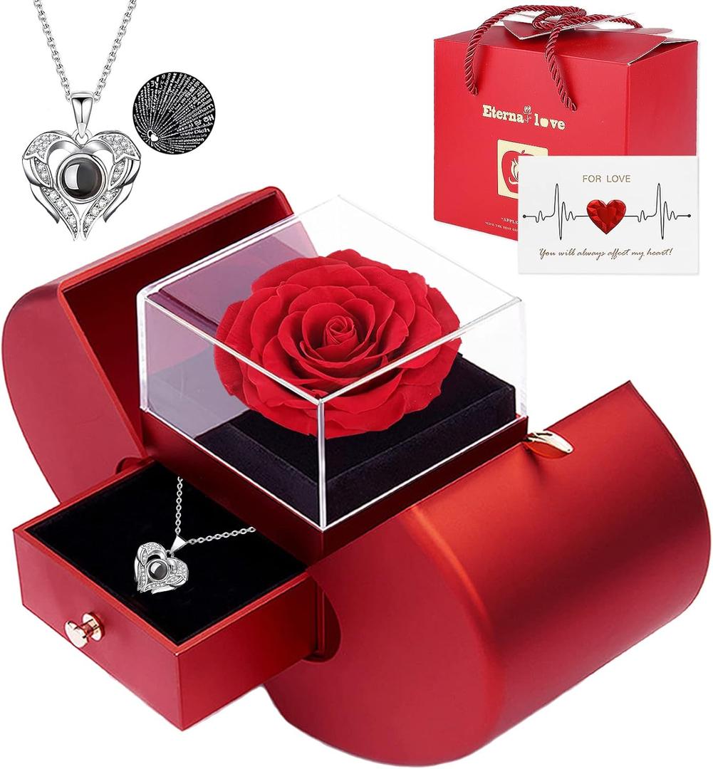 Preserved Real Rose with I love you Necklace 100 Languages, Gifts for Girlfriend, Women, Mom, Wife, Gifts Idea on Christmas, Valentine's Day, Mother's Day, Birthday, Anniversary, Thanksgiving (Red)