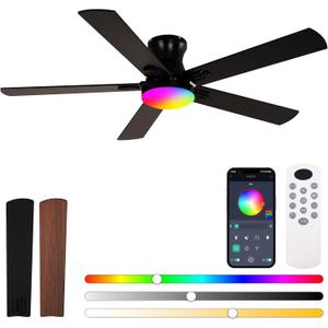 Ceiling Fans with Lights 52 inch,Flush Mount Low Profile,Smart Remote & App,RGB LED,Dimmable 3CCT,6-Speed Reversible,Sleek Ceiling Fan for Bedroom Living Room Apartment Nursery,Black