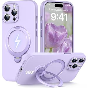  Case for iPhone 14 Pro Max, [360° Rotating Magnetic Ring Stand] with Strong Holder, Military-Grade Shockproof Silicone Phone Case, Full Protection Hands-Free Video Calls Car Mount, Purple