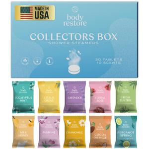 Body Restore Shower Steamers Aromatherapy 30 Pack - Birthday Gifts for Women, Men, Travel Essentials, Stress Relief, Relaxation, Self Care, Bath Bombs - Collectors Box