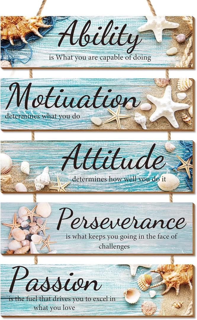 Riletese Ocean Beach Inspirational Wall Decor - 5 Pcs Wooden Rustic Office Wall Decor, Positive Wall Art Decor for Living Room, Inspiring Quotes Hanging Plaque Sign for Home Office Room