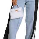 Angsuttc Womens Jeans with Patchwork Stripes High Waisted Stretchy Denim Color Block Straight Wide Leg Trendy Jean (Medium, Light Blue Black)