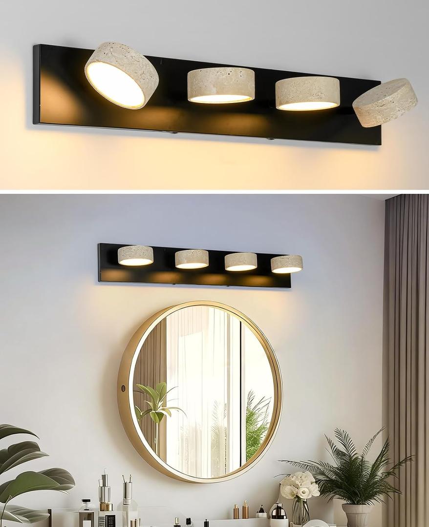 27.6" Natural Travertine Vanity Light, 4 Lights 360° Rotatable Stone Shade
Wabi Sabi Vanity Lights Fixture with Stone Lampshade & Black Metal Base, Ideal for Bathroom Bedroom Living Room, 4 Lights