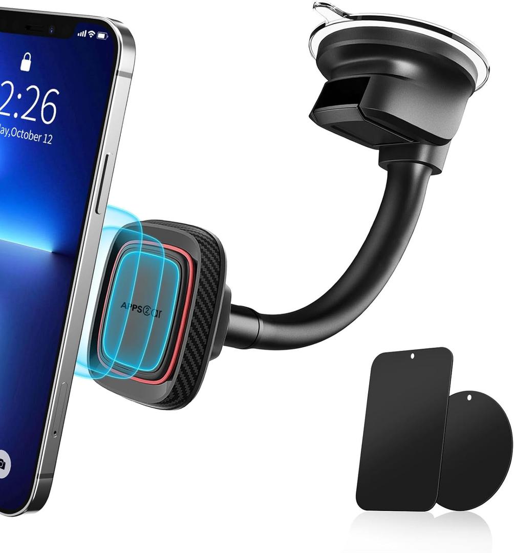 APPS2Car Magnetic Car Phone Holder Mount [6 Strong Magnets], Cell Phone Holder Car [Suction Cup], Phone Car Holder Mount [Windshield Dashboard] fit for Most Smartphones (Black-Red)