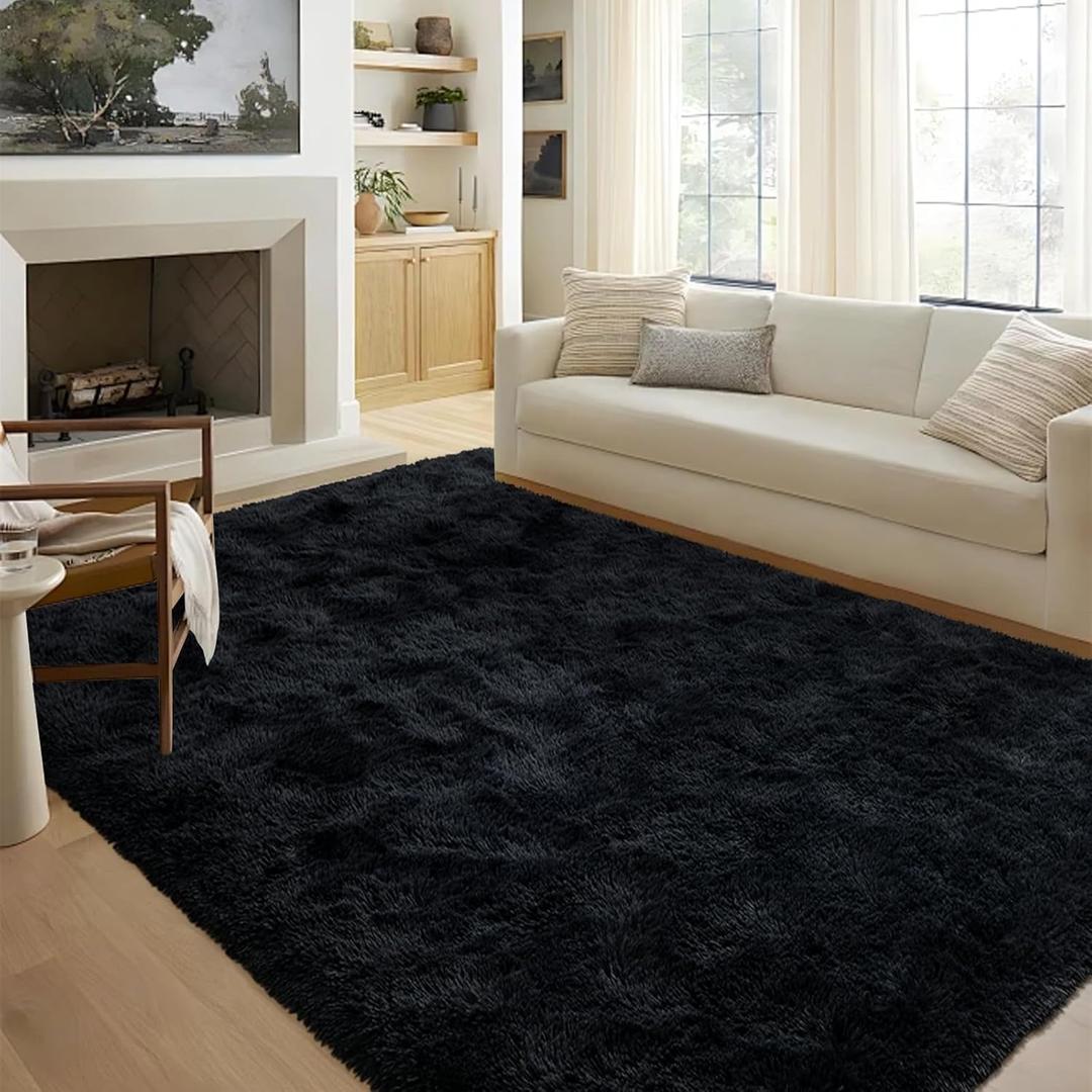 FinRec 5x8 Feet Black Rugs for Living Room Bedroom, Fluffy Shaggy Area Rug, Non-Slip Soft Shag Rug for Nursery Kids Room Dorm Room Home Decor, Indoor Plush Floor Carpet