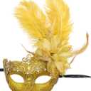 Awlsyj Women's Feather Masquerade Mask Venetian Halloween Mardi Gras Costumes Party Ball Prom Mask (Gold Lace)