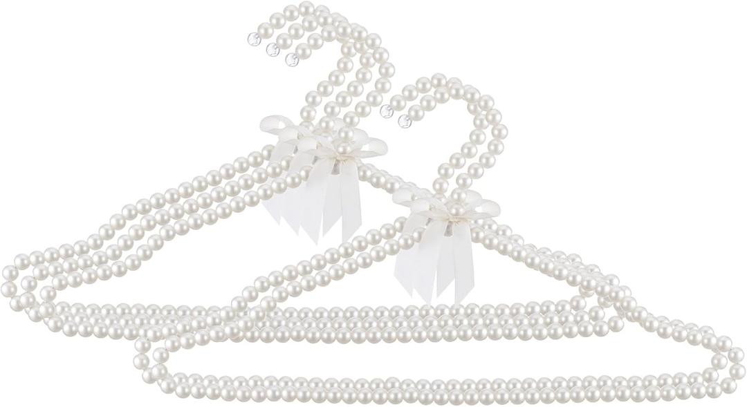 5 Pack Pearl Beaded Clothes Hangers Clothing Hanger with Ribbon Bowknot Elegant Bridesmaid Hangers Closet Coat Storage Organizer for Women Bride Wedding (White)