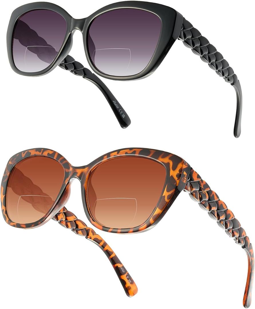 LADEESSE Reading Sunglasses for Women - Stylish Bifocal Sunglasses with Readers Built-in - UV400 Protection - 2 Pack+2.0