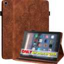 Amazon Kindle Fire HD 8 8th/7th/6th Generation Case 2016/2017/2018,Embossed Peacock Flower Pattern PU Leather Folio Wallet Shockproof Cover with Pencil Holder Elastic Band - Brown
