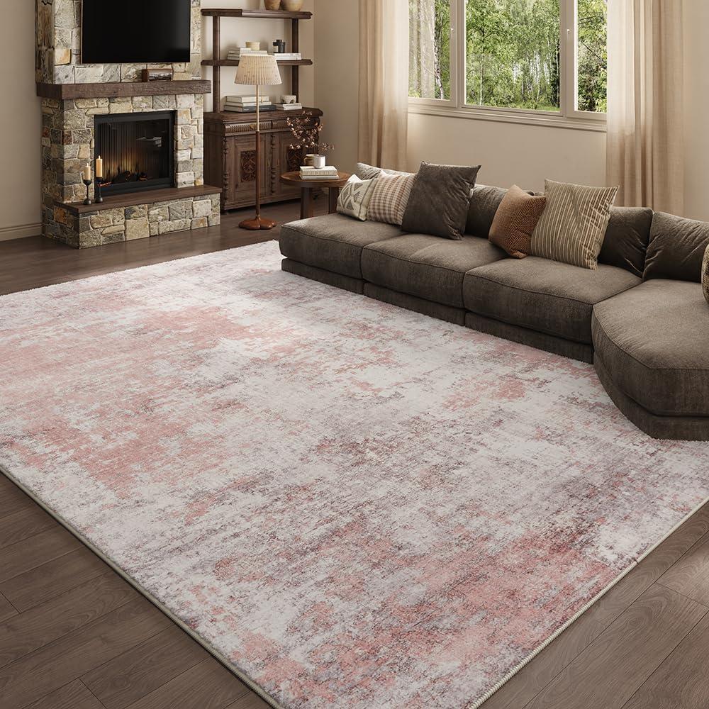 9x12 Pink Gray Washable Area Rug for Living Room, Vintage Print